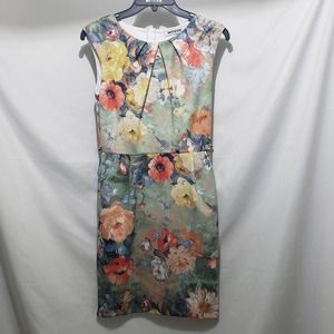 Multicolored Floral Sleeveless Straight Dress Zippered Back Pockets (Medium)